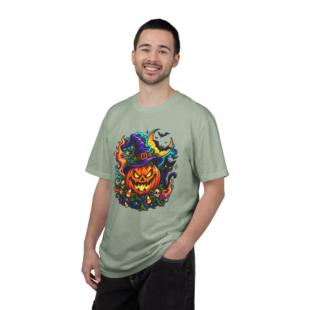 Unisex Halloween Pumpkin & Black Cat T-Shirt | Colorful Spooky Adult Tee
