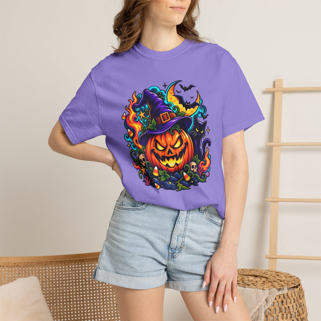 Unisex Halloween Pumpkin & Black Cat T-Shirt | Colorful Spooky Adult Tee