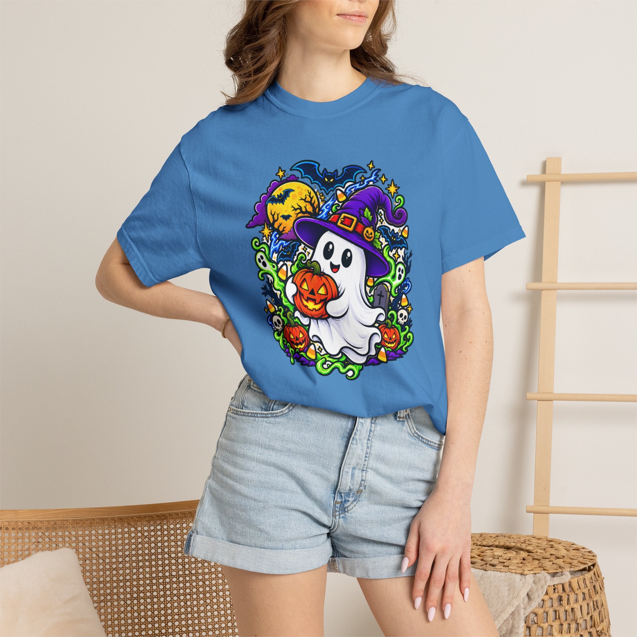 Unisex Halloween Ghost & Pumpkin Tee | Vibrant Spooky Adult Shirt