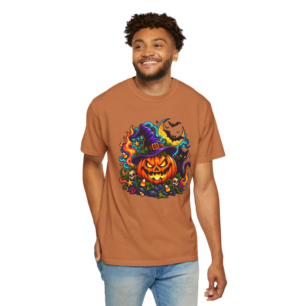 Unisex Halloween Pumpkin & Black Cat T-Shirt | Colorful Spooky Adult Tee