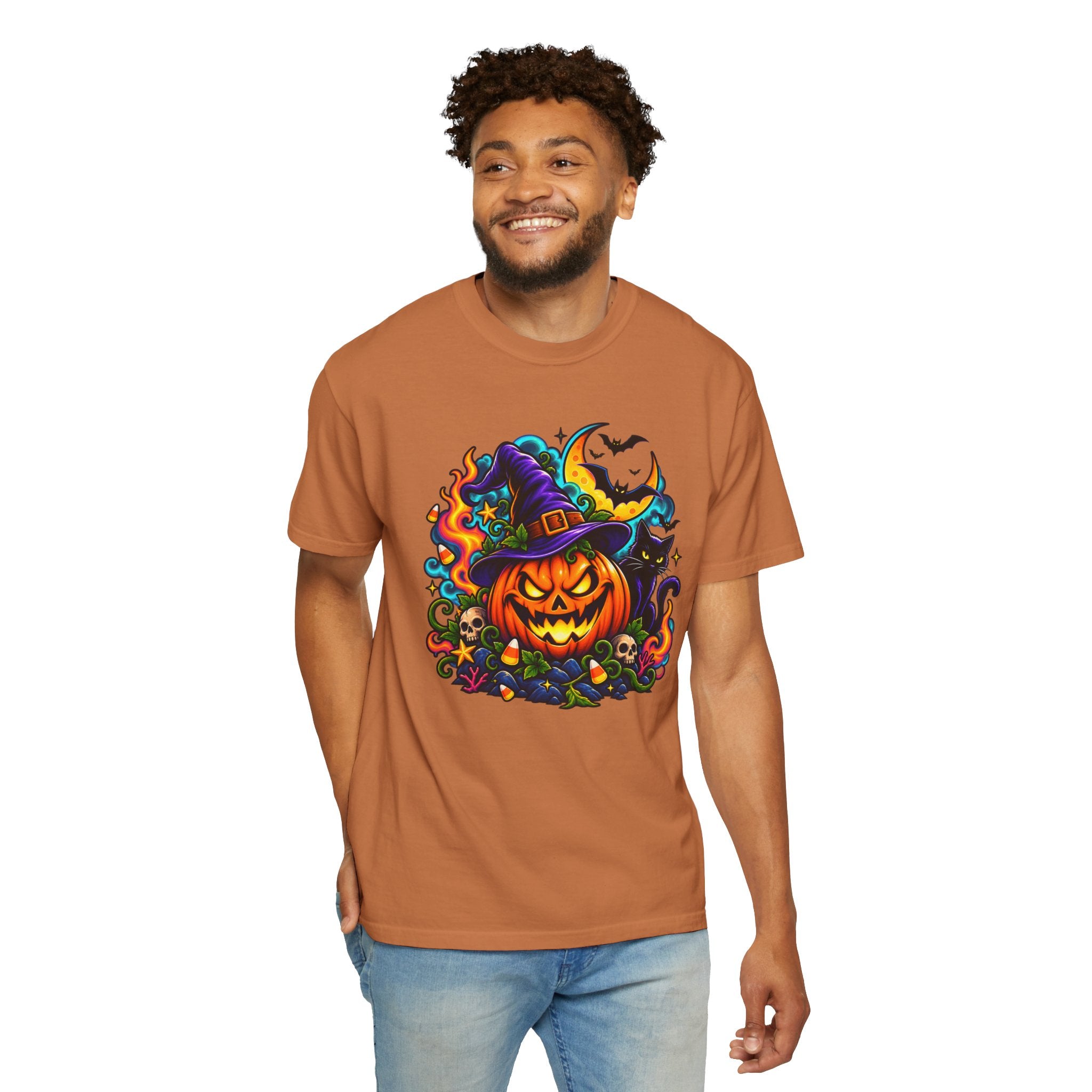 Unisex Halloween Pumpkin & Black Cat T-Shirt | Colorful Spooky Adult Tee