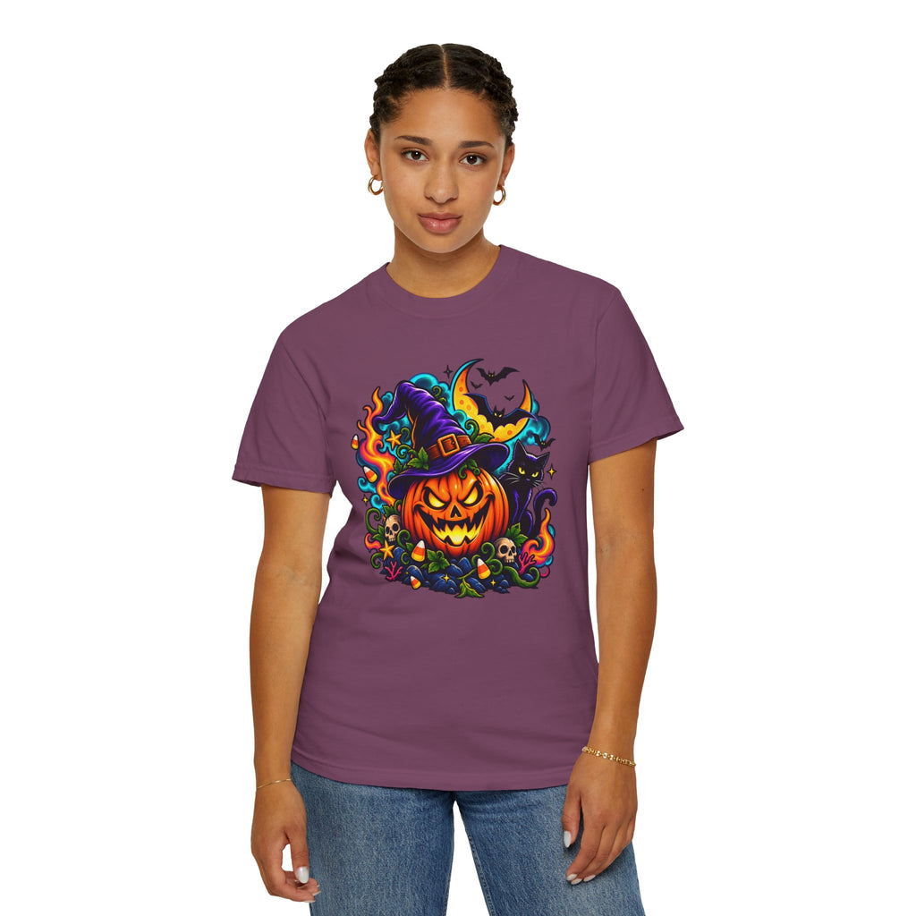 Unisex Halloween Pumpkin & Black Cat T-Shirt | Colorful Spooky Adult Tee