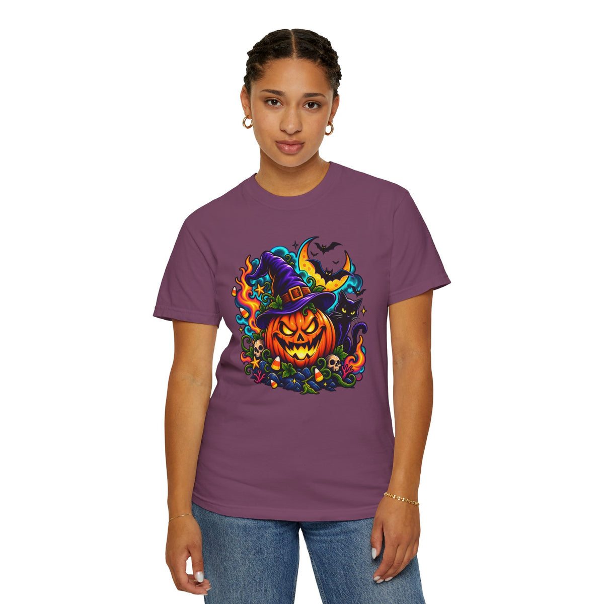 Unisex Halloween Pumpkin & Black Cat T-Shirt | Colorful Spooky Adult Tee