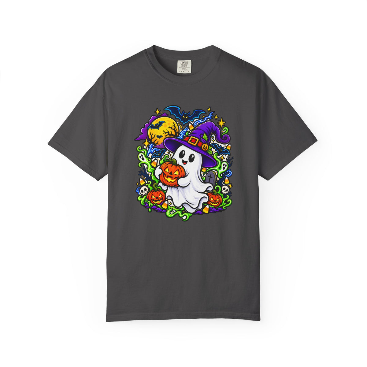 Unisex Halloween Ghost & Pumpkin Tee | Vibrant Spooky Adult Shirt