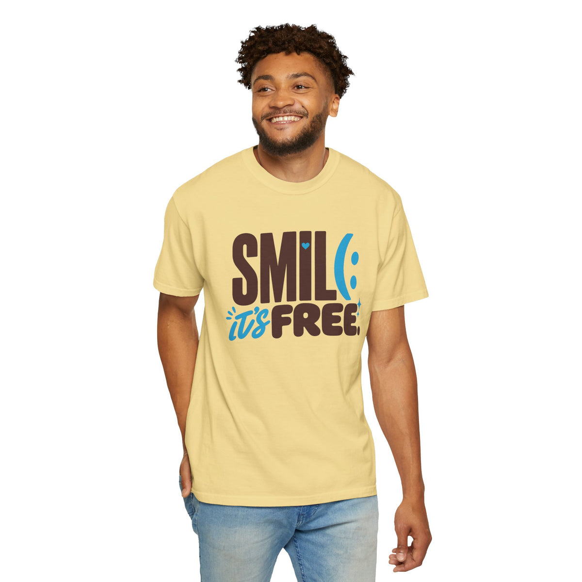 SMIL(: IT’S FREE. Brown & Bright Blue Garment-Dyed Graphic Tee
