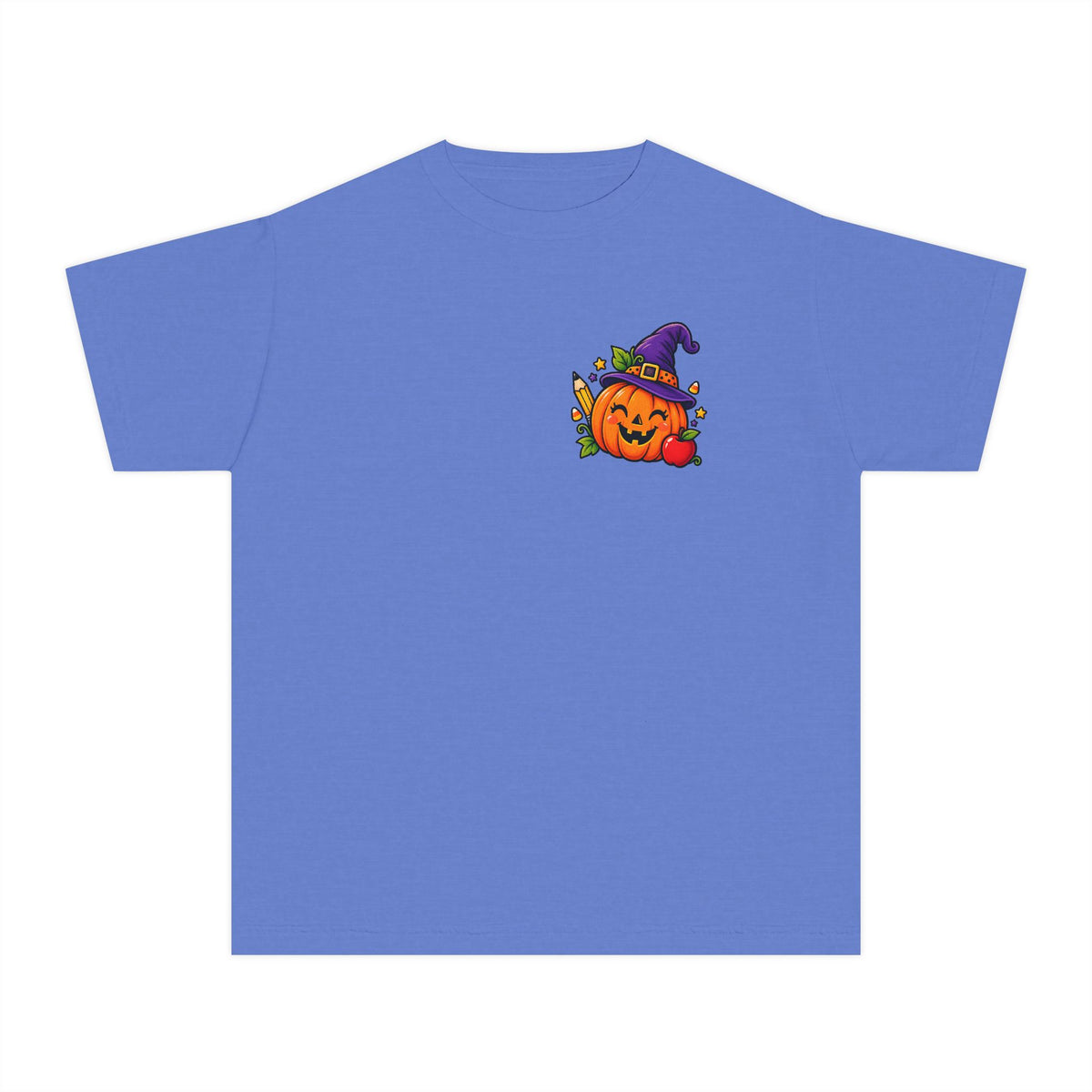 Kids Halloween Pumpkin Witch Hat Tee — Cute Jack-O'-Lantern with Apple & Pencils