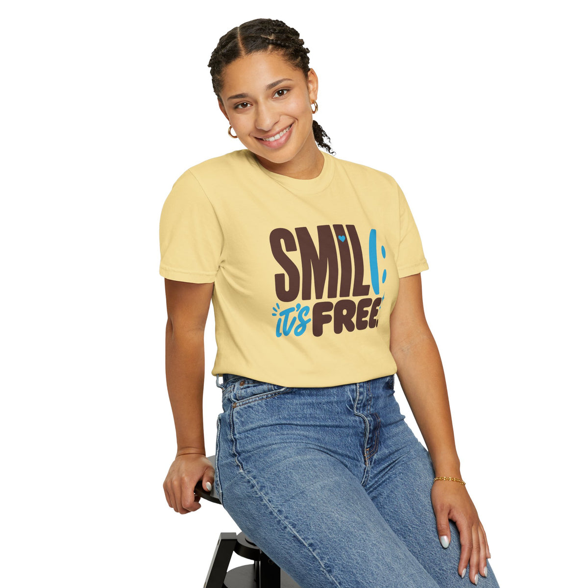SMIL(: IT’S FREE. Brown & Bright Blue Garment-Dyed Graphic Tee