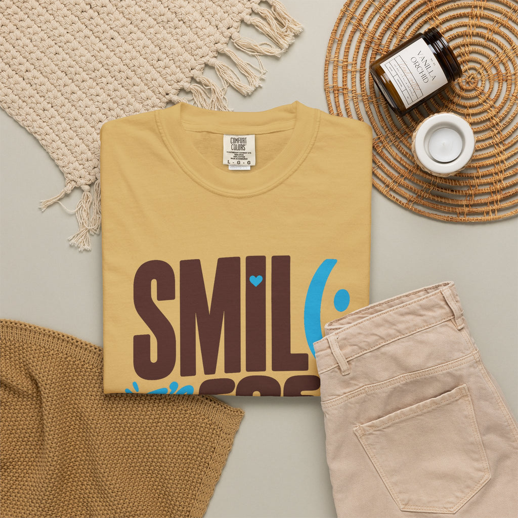 SMIL(: IT’S FREE. Brown & Bright Blue Garment-Dyed Graphic Tee