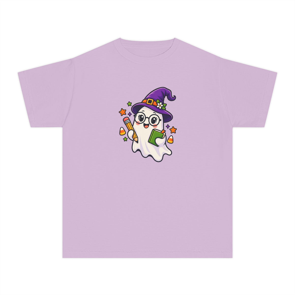 Kids Halloween Ghost Tee — Cute Witch Hat Ghost with Candy Corn & Trick-or-Treat Book