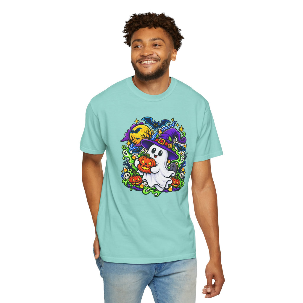 Unisex Halloween Ghost & Pumpkin Tee | Vibrant Spooky Adult Shirt