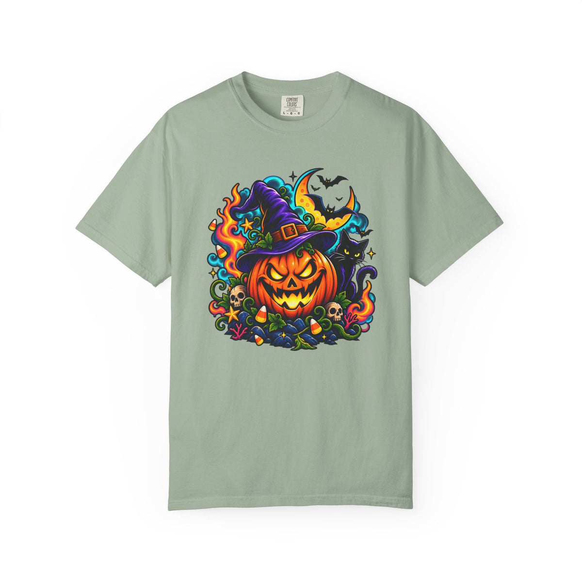 Unisex Halloween Pumpkin & Black Cat T-Shirt | Colorful Spooky Adult Tee