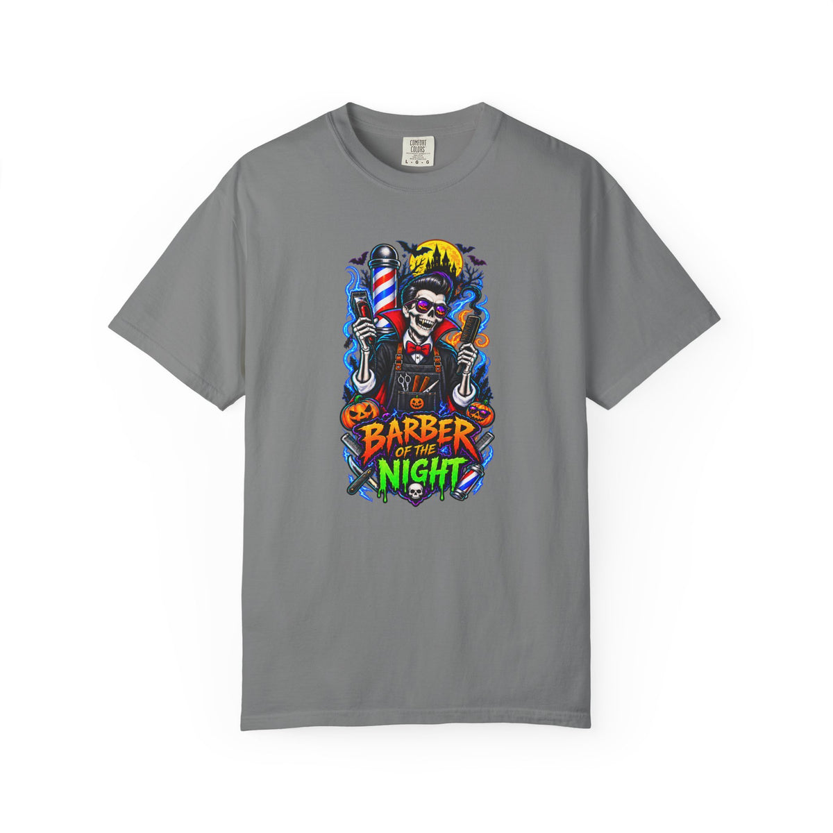 Barber of the Night Halloween Tee – Adult Unisex Barbershop Shirt
