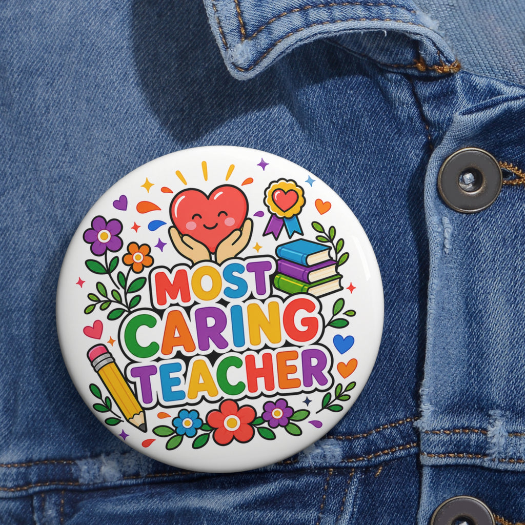 Most Caring Teacher Pin, Teacher Appreciation Gift, 3 Inch Award Button
