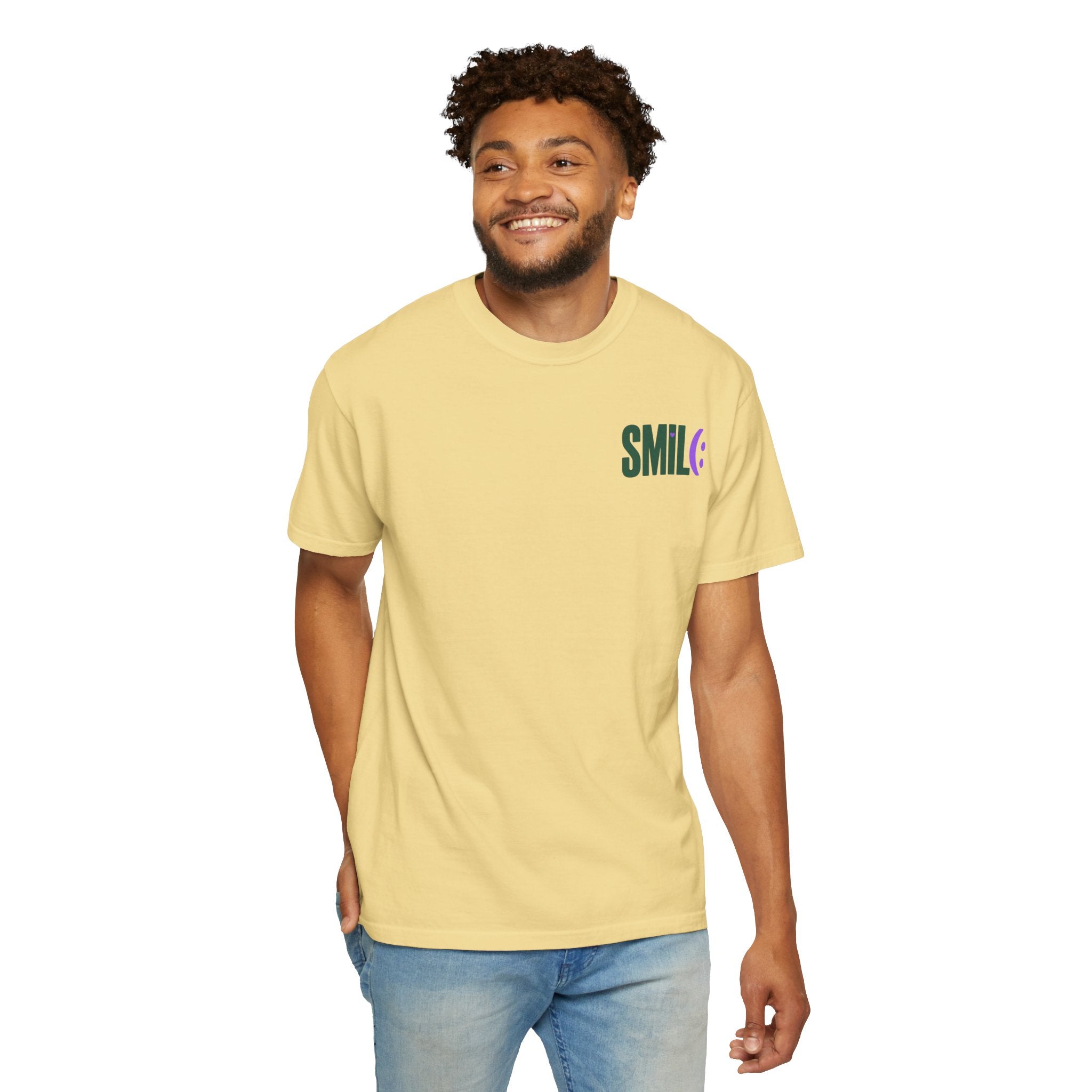 SMIL(: IT’S FREE. Green & Purple Front-and-Back Garment-Dyed Tee