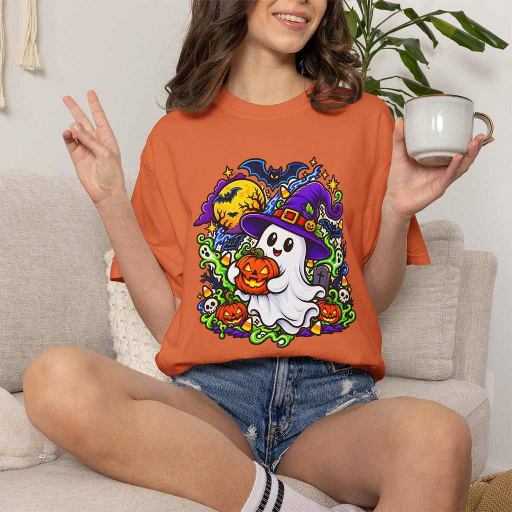 Unisex Halloween Ghost & Pumpkin Tee | Vibrant Spooky Adult Shirt