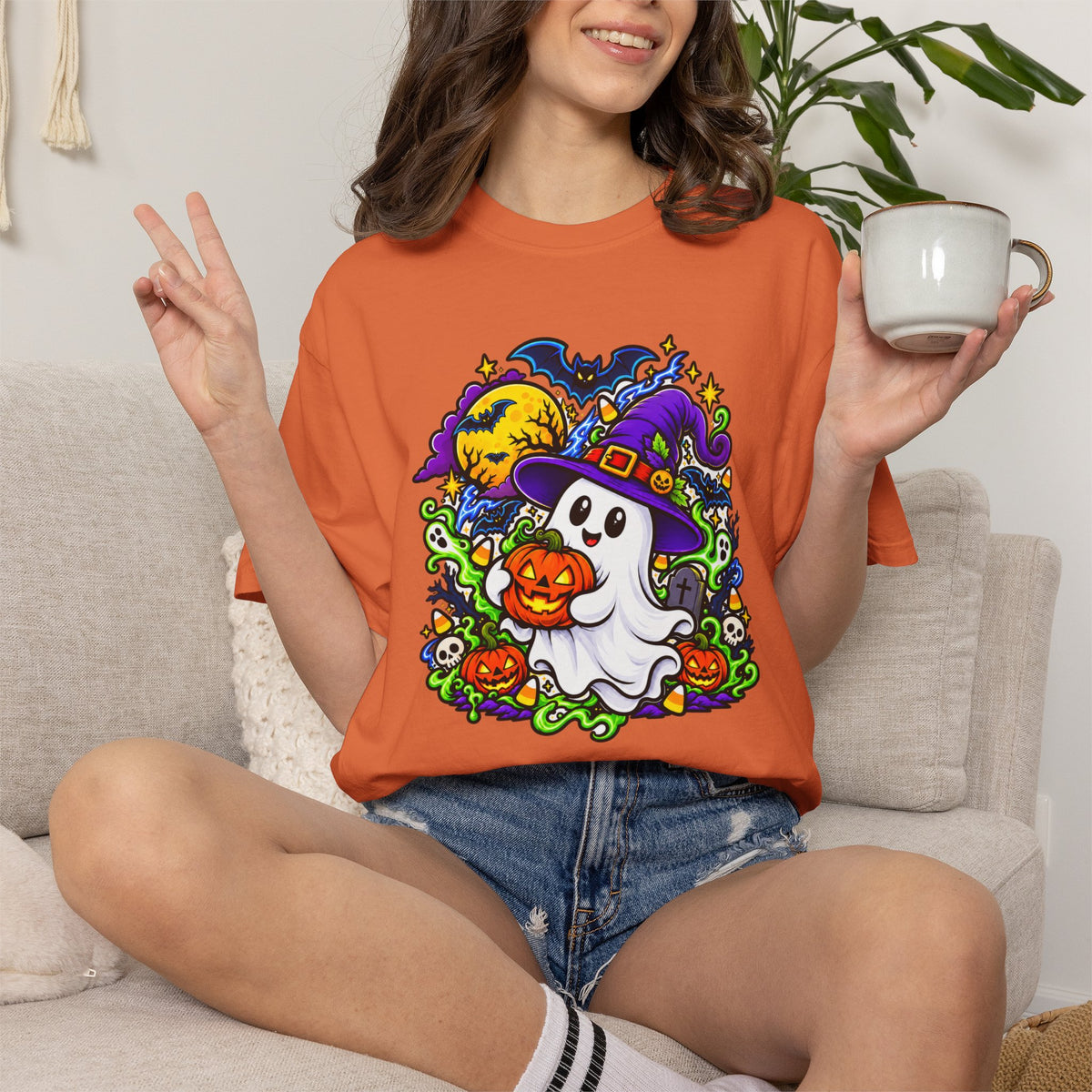 Unisex Halloween Ghost & Pumpkin Tee | Vibrant Spooky Adult Shirt