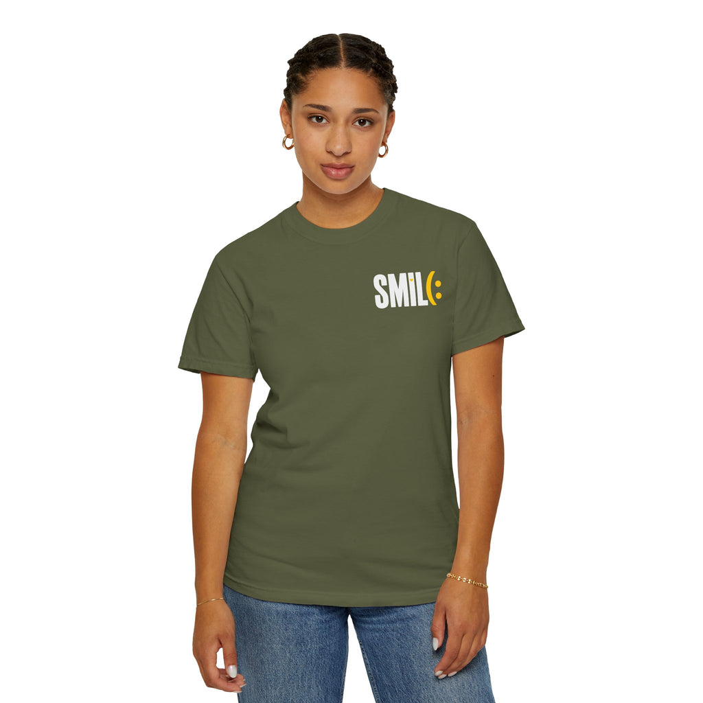 SMIL(: IT’S FREE. White & Yellow Front-and-Back Garment-Dyed Tee