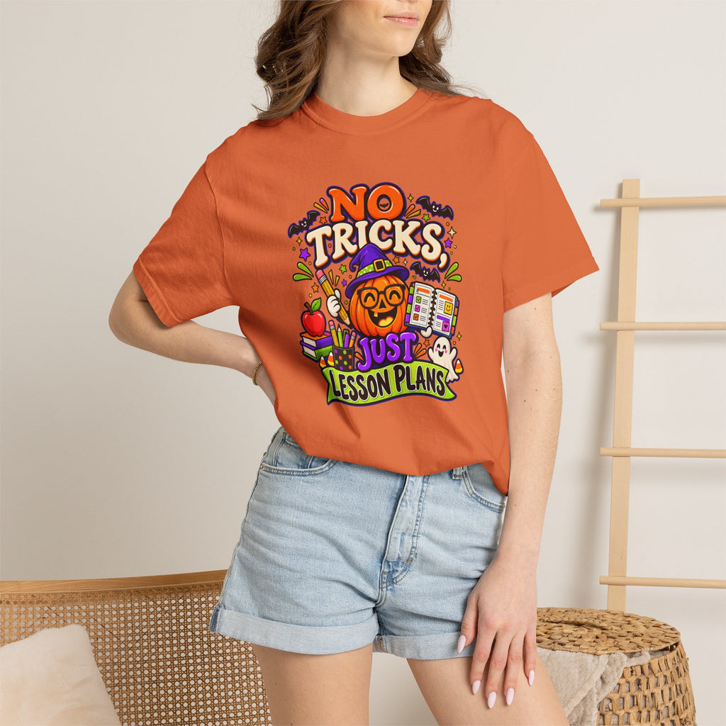 Halloween Teacher T-Shirt - "No Tricks, Just Lesson Plans"