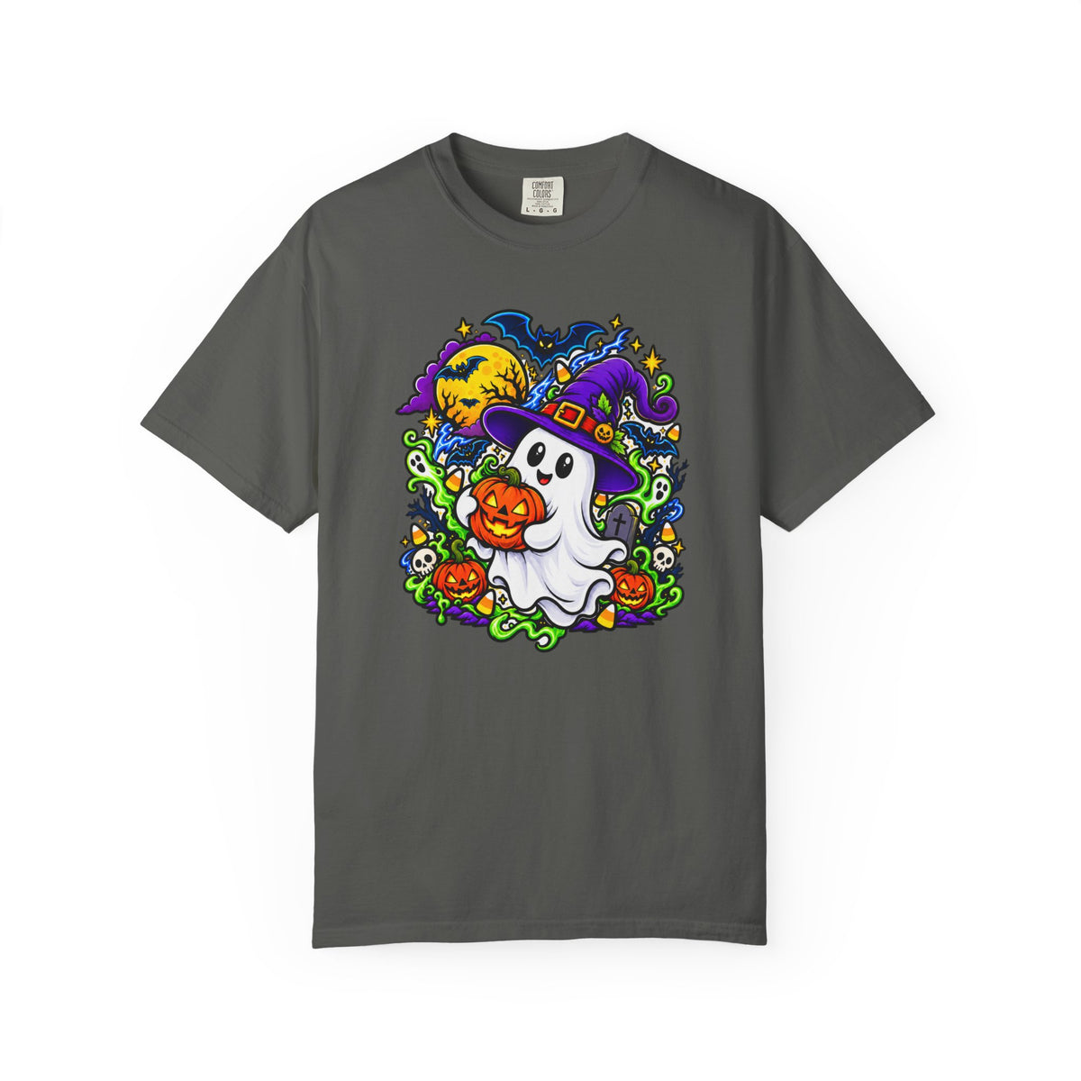 Unisex Halloween Ghost & Pumpkin Tee | Vibrant Spooky Adult Shirt