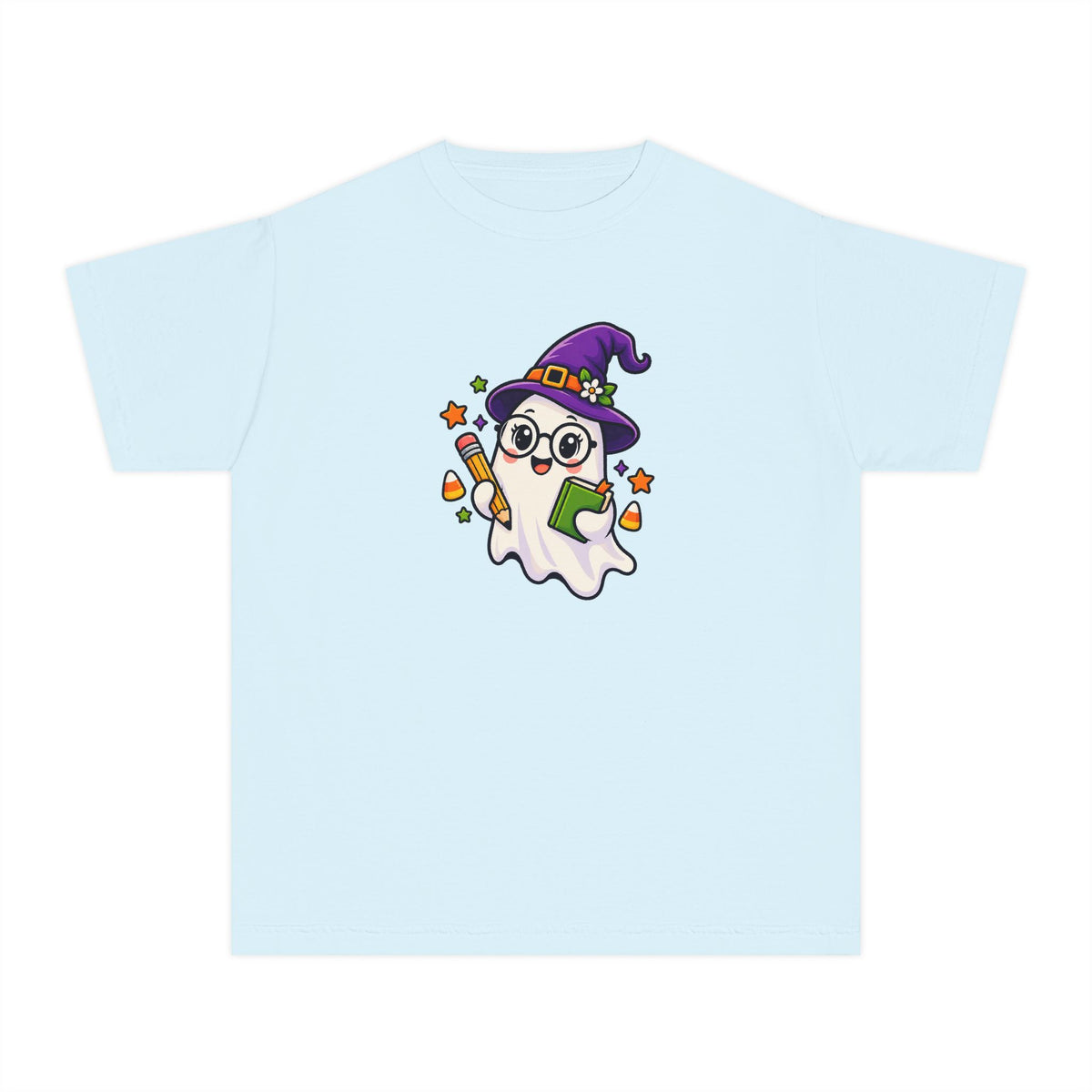 Kids Halloween Ghost Tee — Cute Witch Hat Ghost with Candy Corn & Trick-or-Treat Book