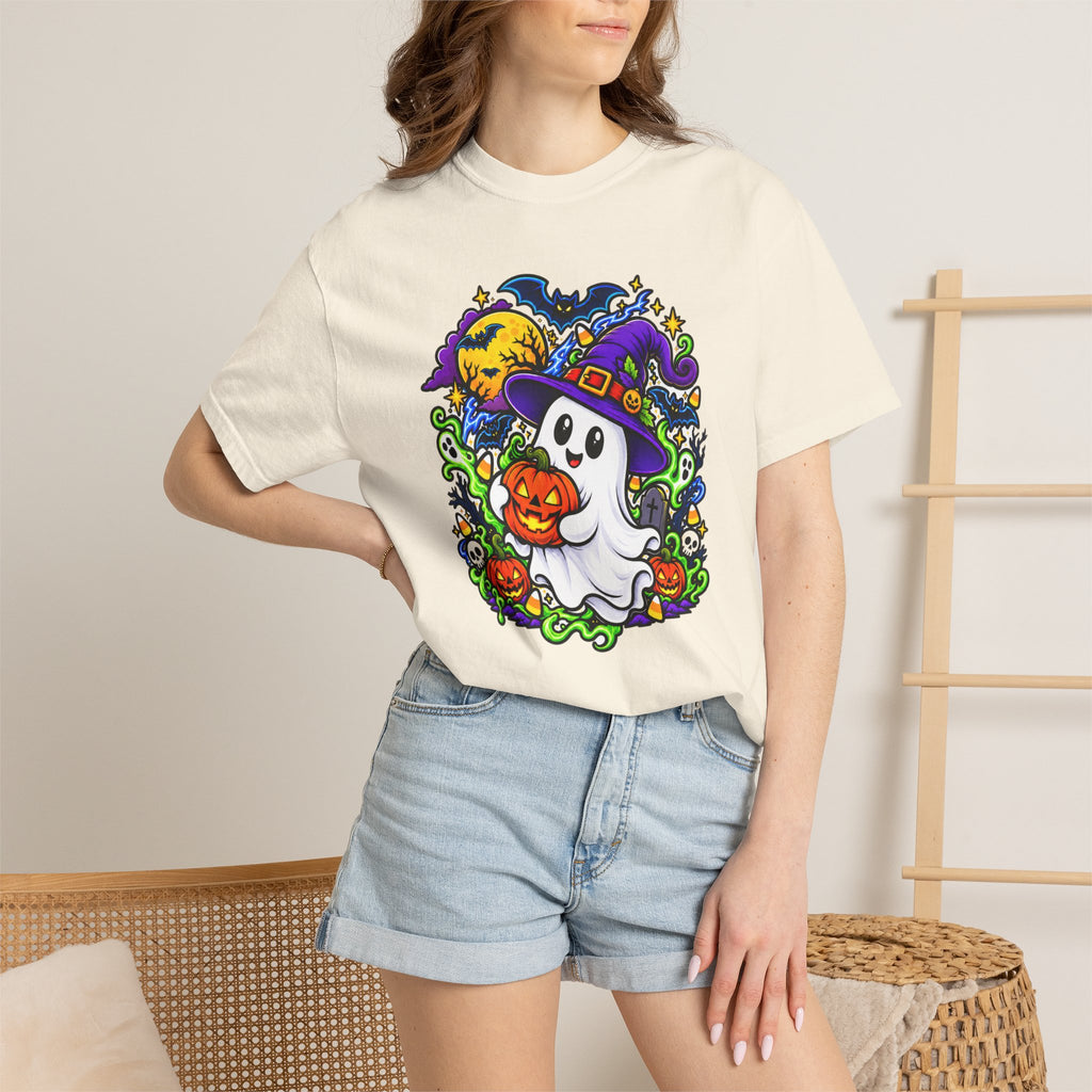 Unisex Halloween Ghost & Pumpkin Tee | Vibrant Spooky Adult Shirt