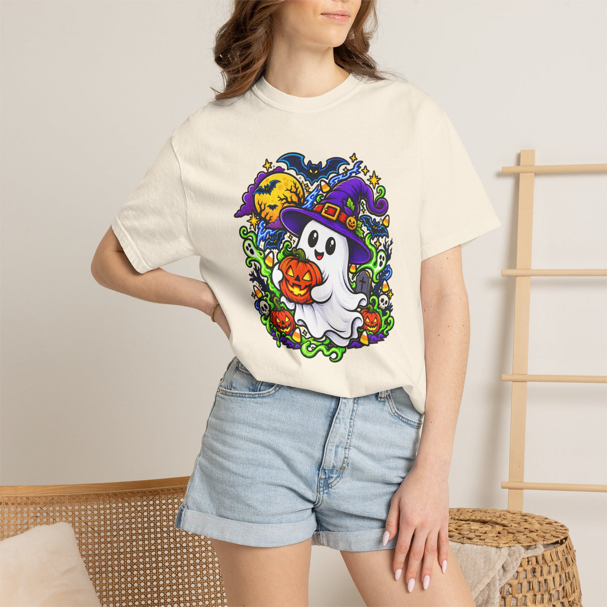 Unisex Halloween Ghost & Pumpkin Tee | Vibrant Spooky Adult Shirt