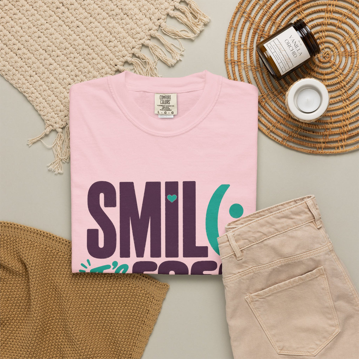 SMIL(: IT’S FREE. Plum & Teal Garment-Dyed Graphic Tee