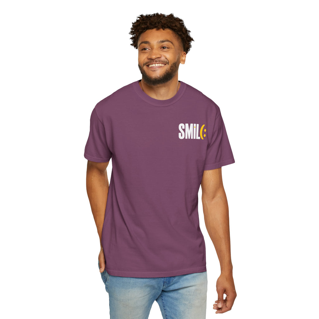 SMIL(: IT’S FREE. White & Yellow Front-and-Back Garment-Dyed Tee