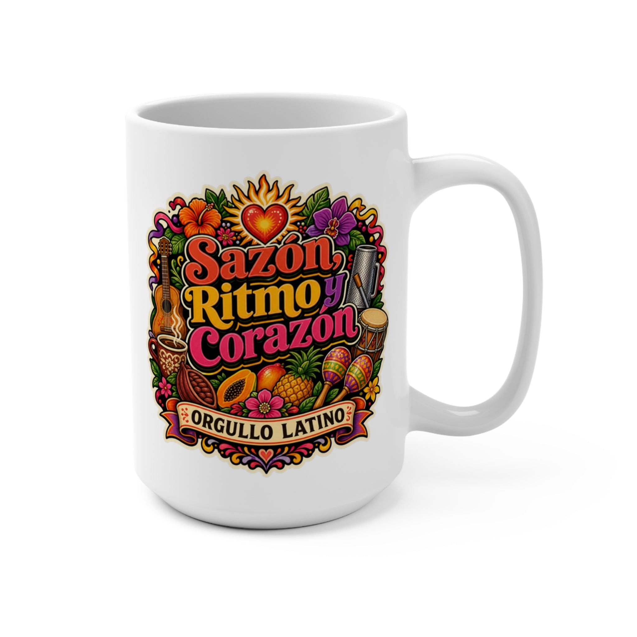 Sazón Ritmo y Corazón Mug - Orgullo Latino Coffee Cup - Colorful Hispanic Heritage Gift for Latino Families, Music Lovers and Foodies