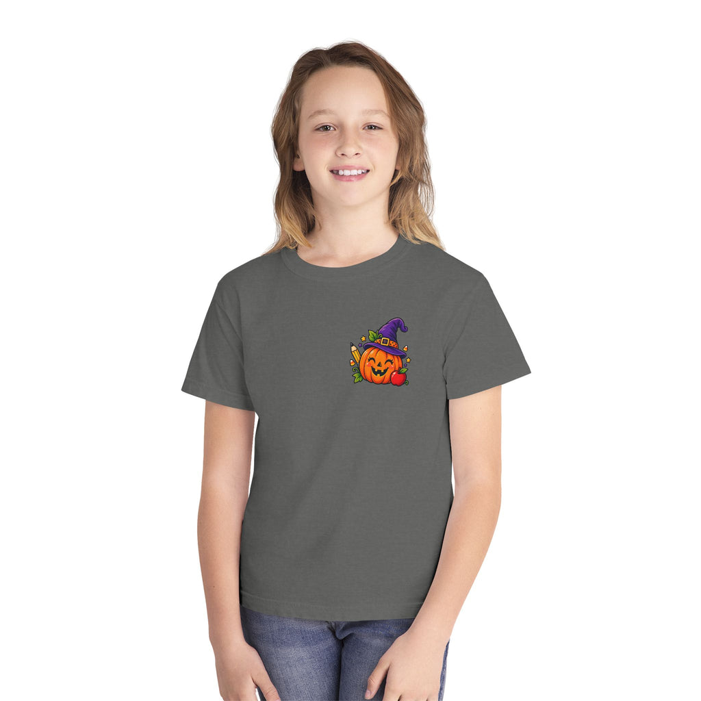 Kids Halloween Pumpkin Witch Hat Tee — Cute Jack-O'-Lantern with Apple & Pencils