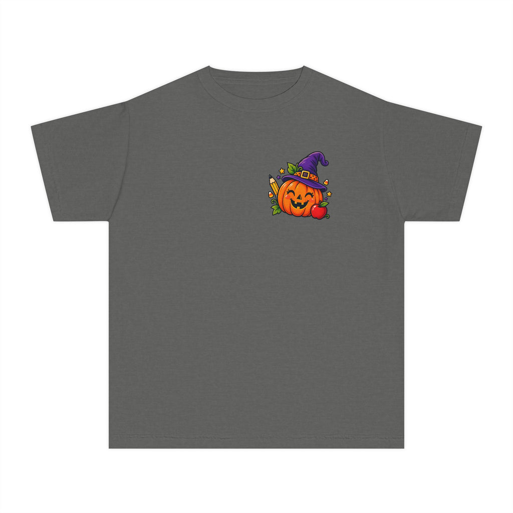 Kids Halloween Pumpkin Witch Hat Tee — Cute Jack-O'-Lantern with Apple & Pencils
