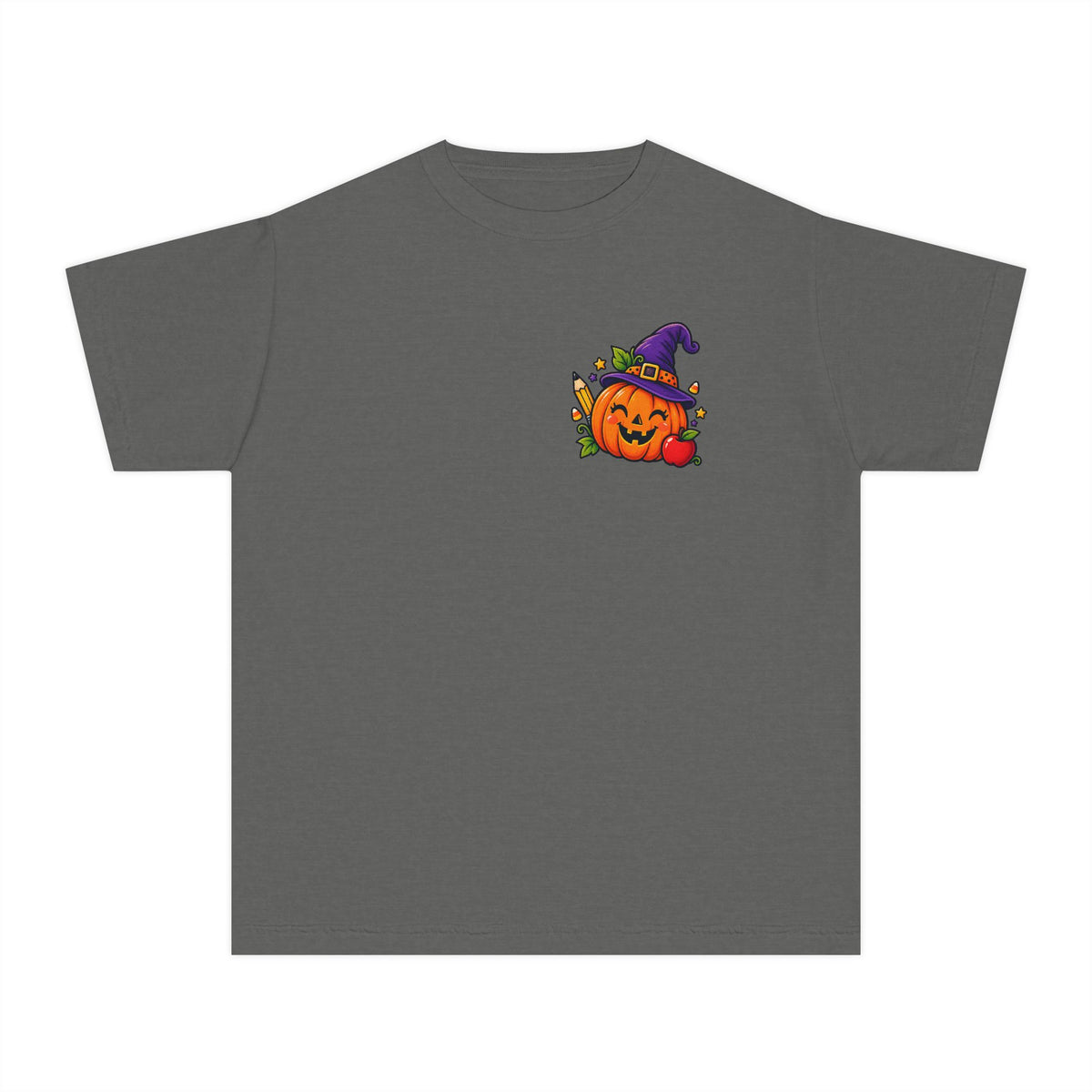 Kids Halloween Pumpkin Witch Hat Tee — Cute Jack-O'-Lantern with Apple & Pencils