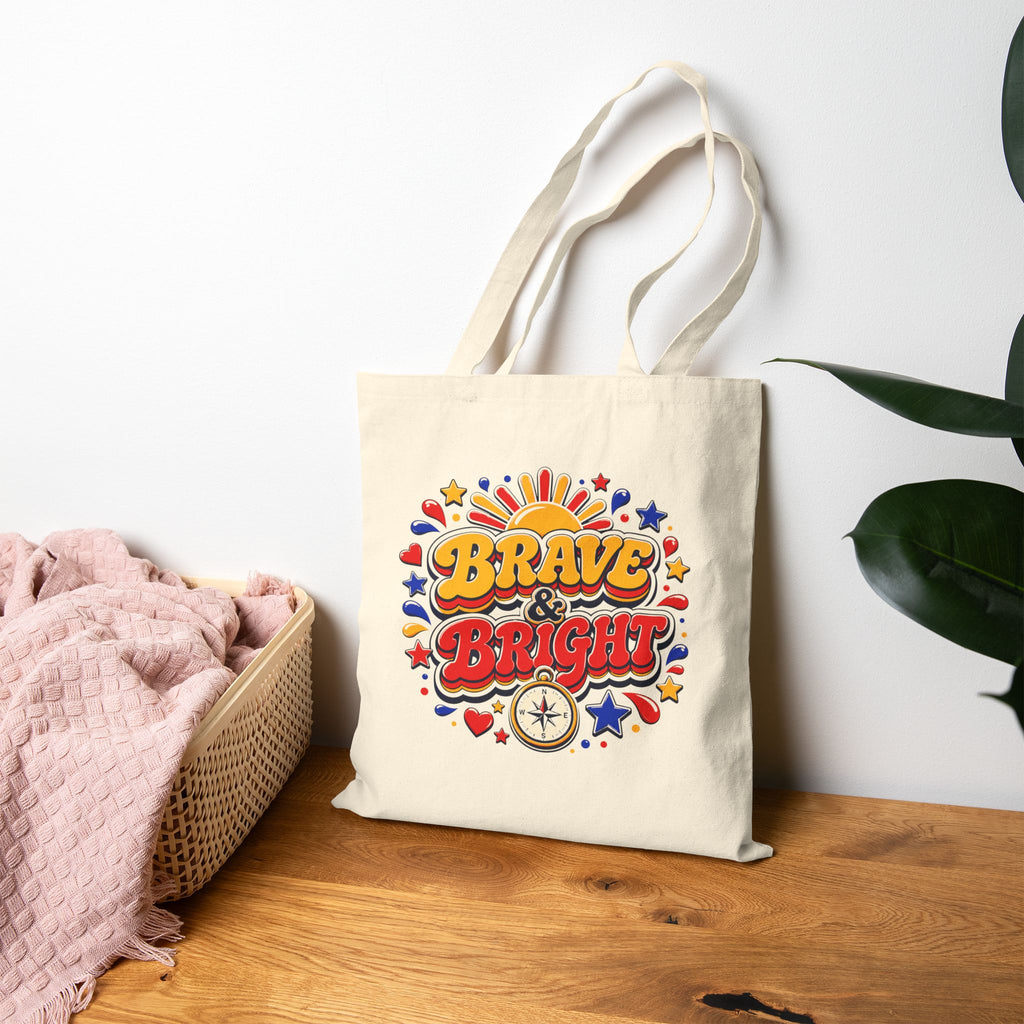 Brave and Bright - 70s Style Retro Compass and Sun Graphic Tote Bag