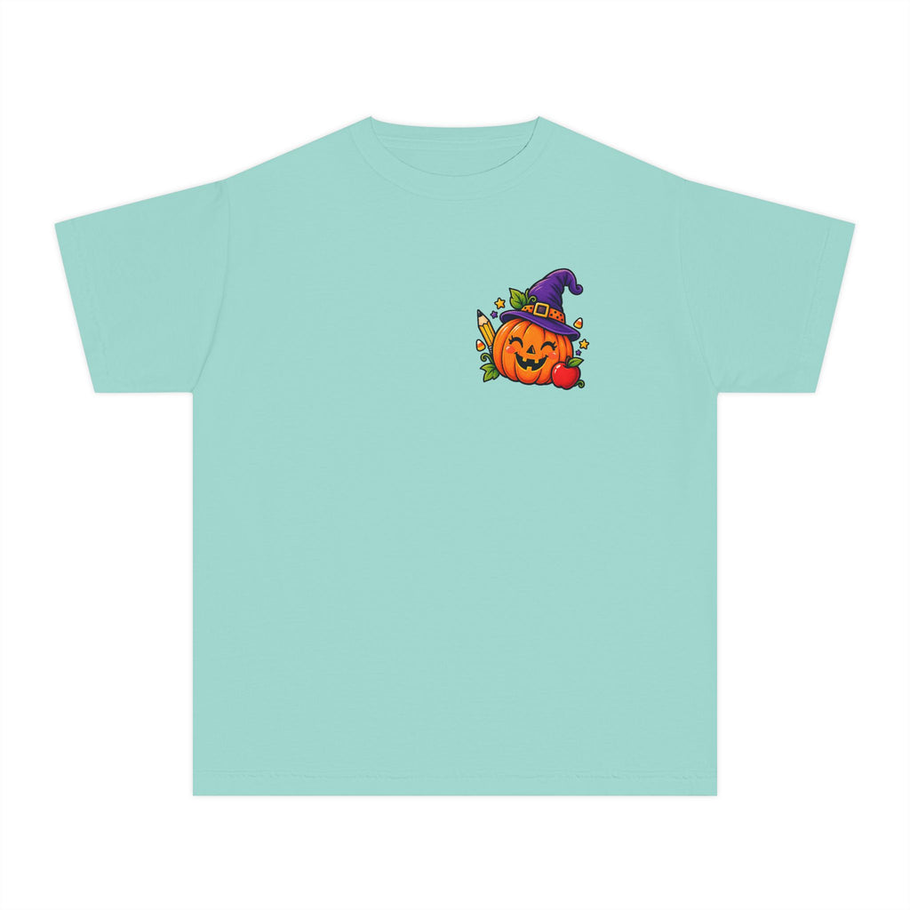 Kids Halloween Pumpkin Witch Hat Tee — Cute Jack-O'-Lantern with Apple & Pencils