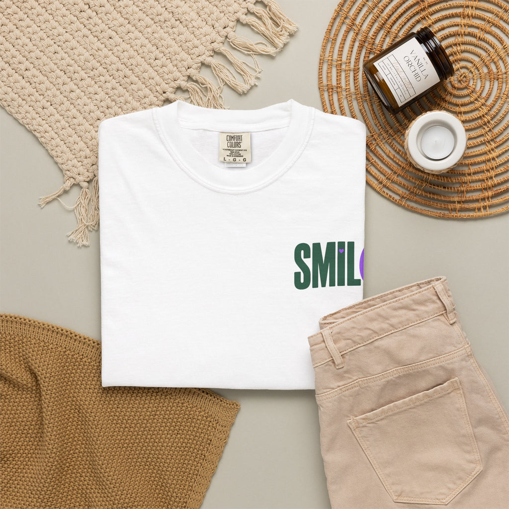 SMIL(: IT’S FREE. Green & Purple Front-and-Back Garment-Dyed Tee