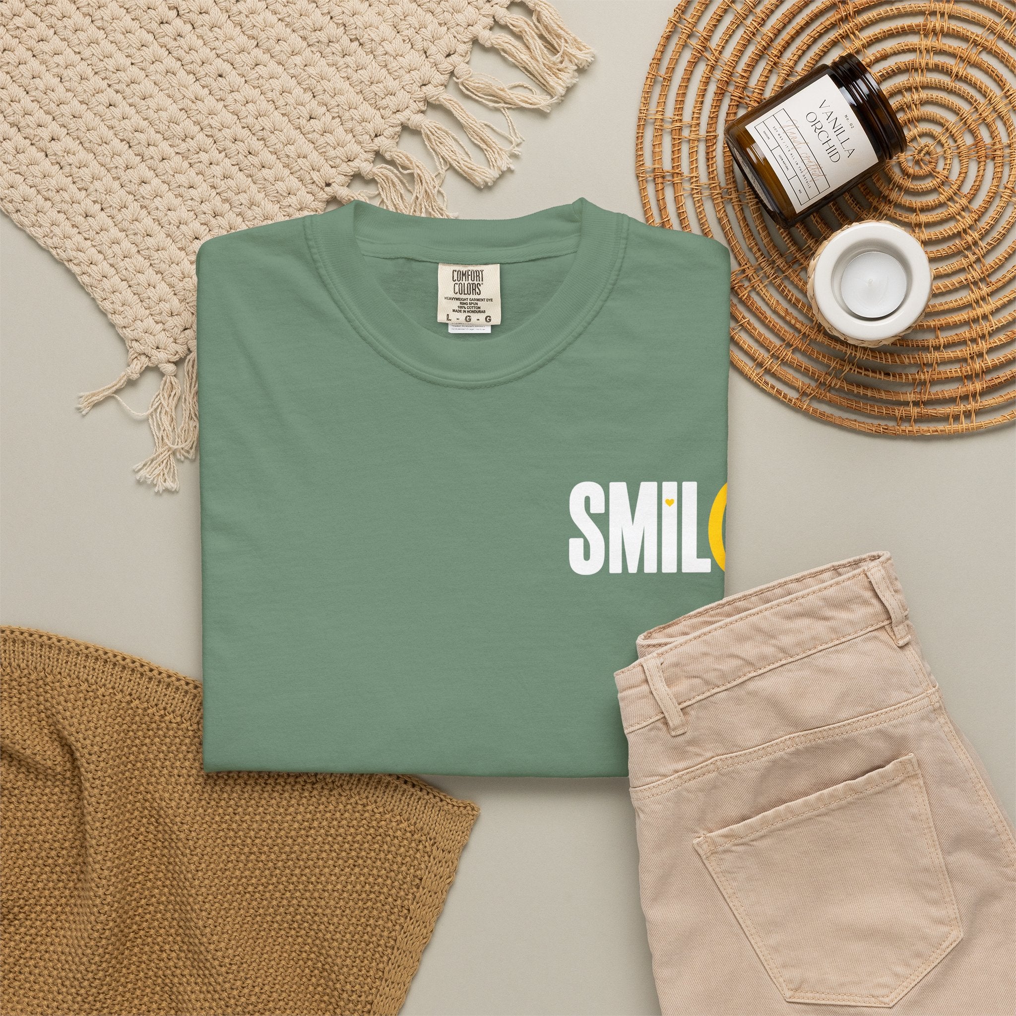 SMIL(: IT’S FREE. White & Yellow Front-and-Back Garment-Dyed Tee