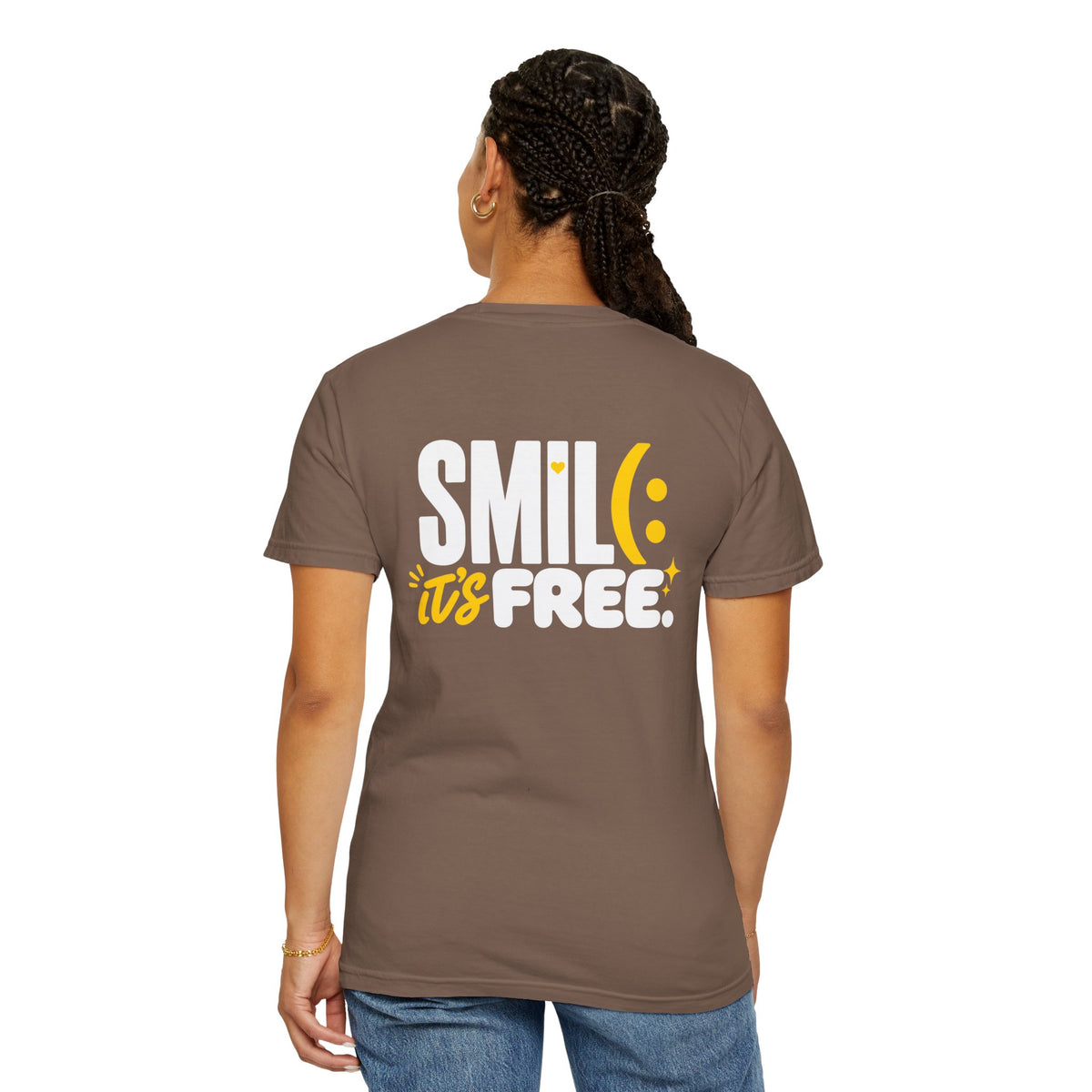 SMIL(: IT’S FREE. White & Yellow Front-and-Back Garment-Dyed Tee