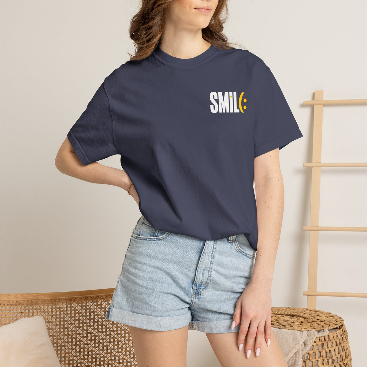 SMIL(: IT’S FREE. White & Yellow Front-and-Back Garment-Dyed Tee
