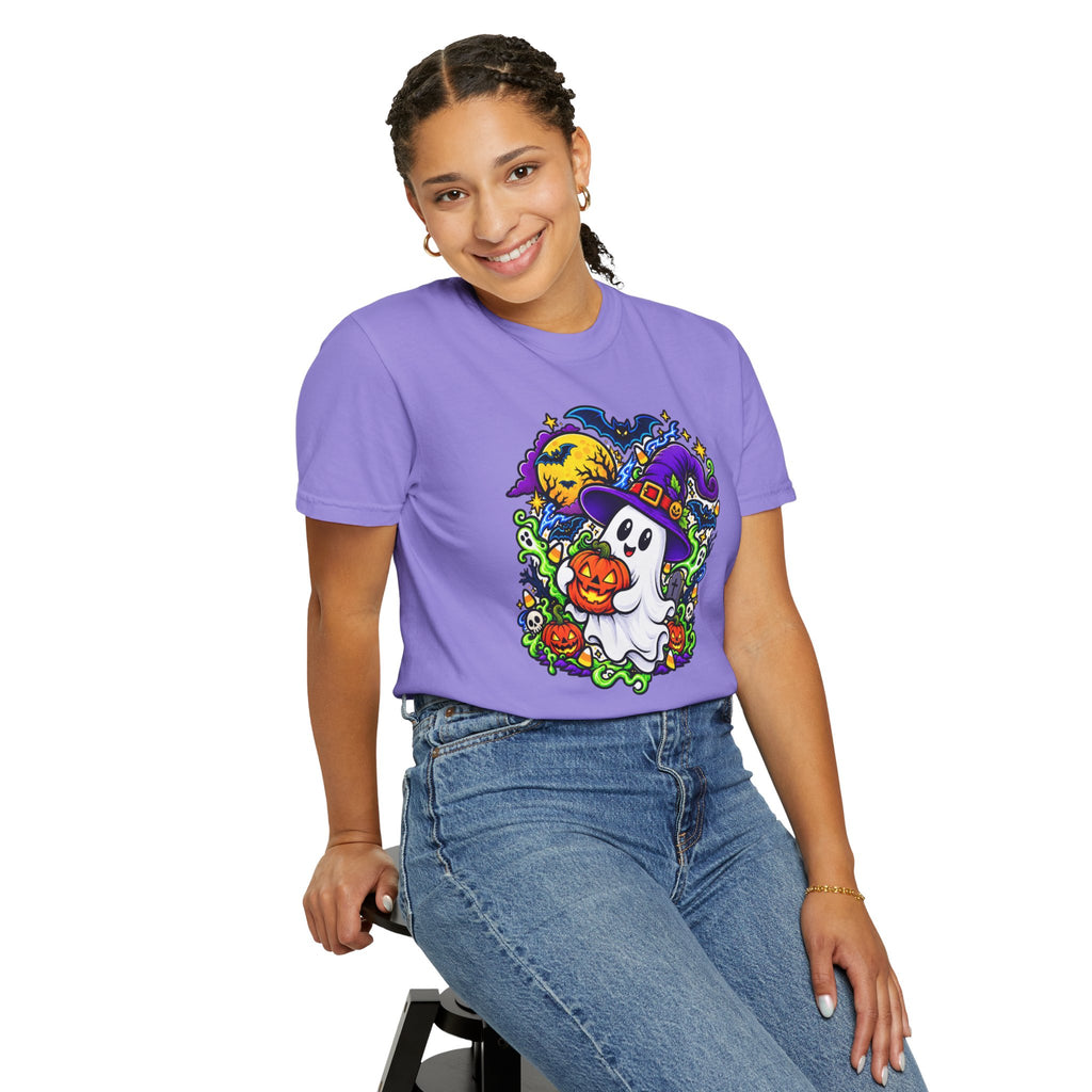 Unisex Halloween Ghost & Pumpkin Tee | Vibrant Spooky Adult Shirt