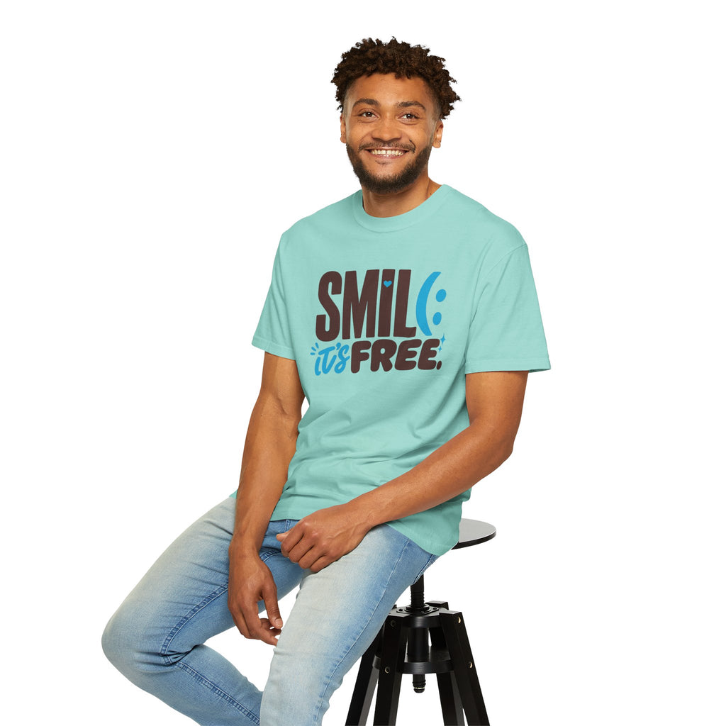 SMIL(: IT’S FREE. Brown & Bright Blue Garment-Dyed Graphic Tee