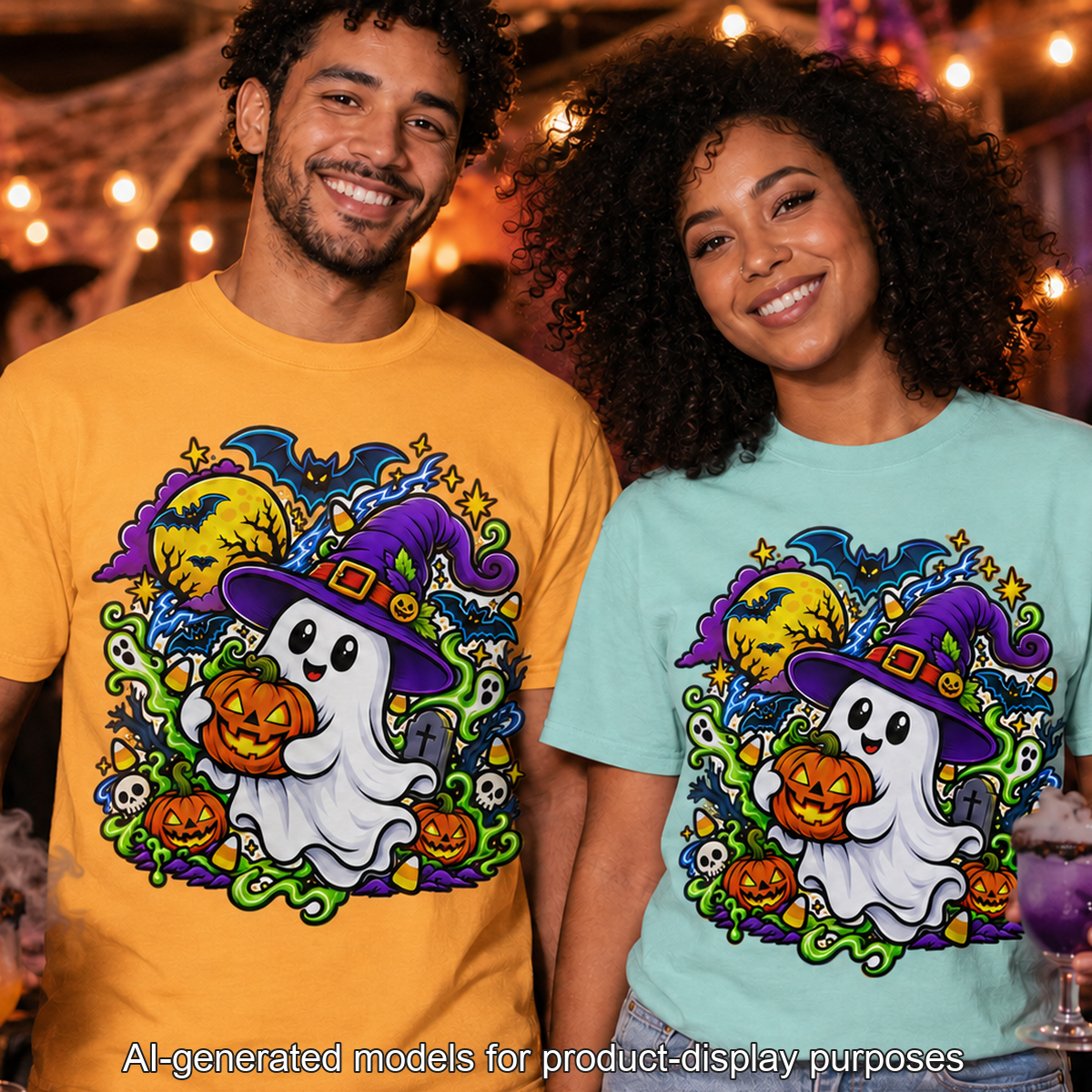Unisex Halloween Ghost & Pumpkin Tee | Vibrant Spooky Adult Shirt