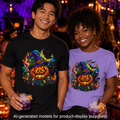 Unisex Halloween Pumpkin & Black Cat T-Shirt | Colorful Spooky Adult Tee
