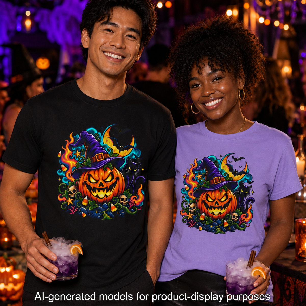 Unisex Halloween Pumpkin & Black Cat T-Shirt | Colorful Spooky Adult Tee