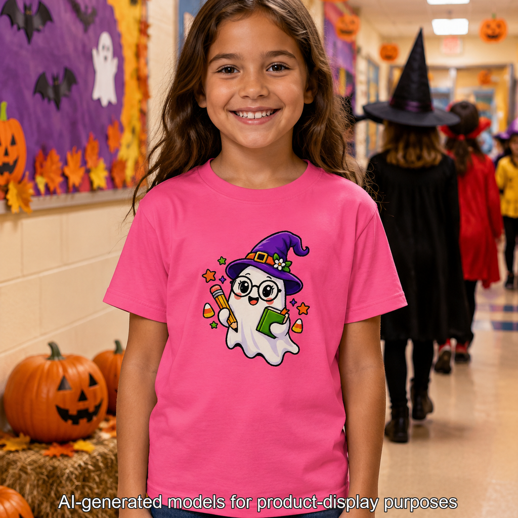 Kids Halloween Ghost Tee — Cute Witch Hat Ghost with Candy Corn & Trick-or-Treat Book
