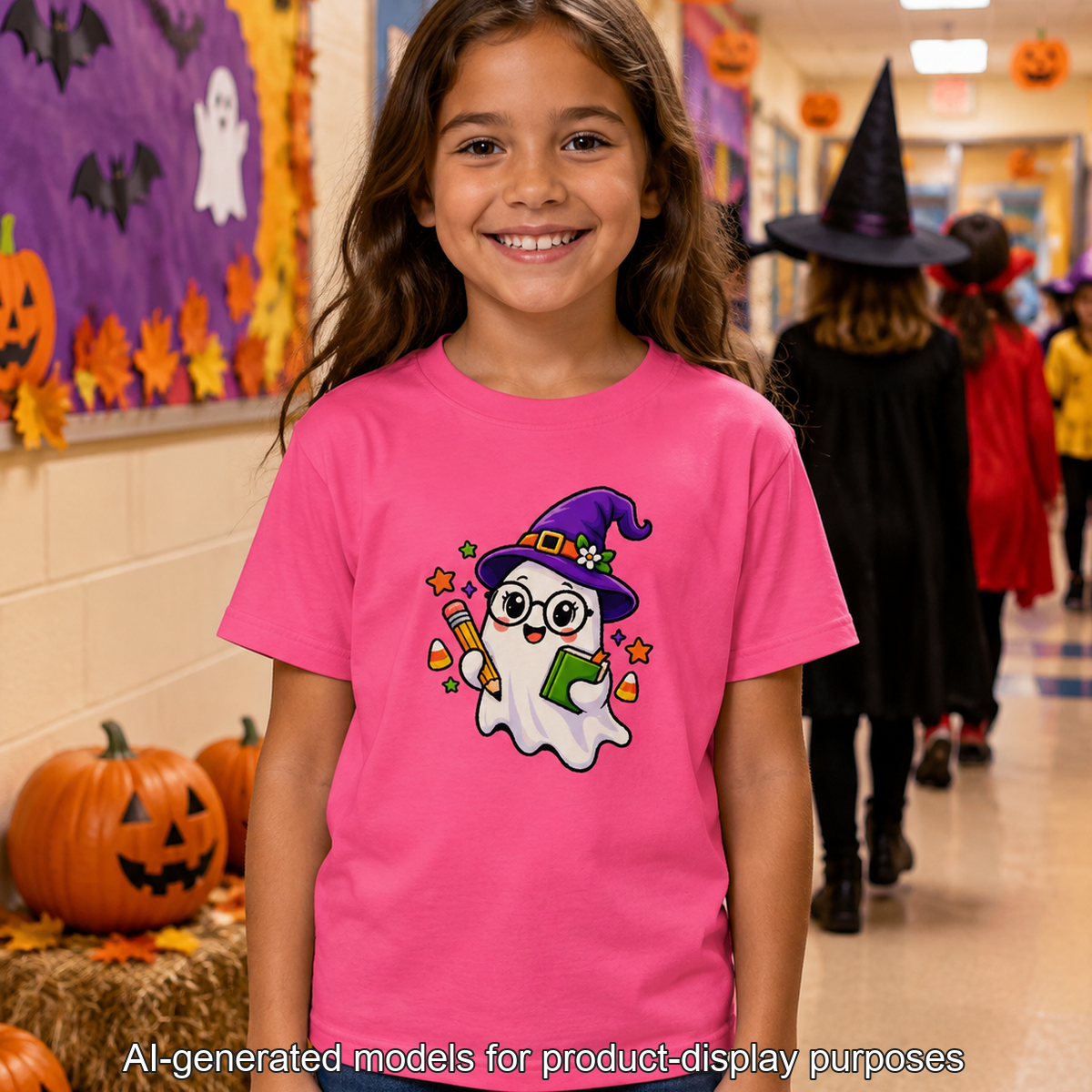 Kids Halloween Ghost Tee — Cute Witch Hat Ghost with Candy Corn & Trick-or-Treat Book