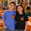 Kids Halloween Pumpkin Witch Hat Tee — Cute Jack-O'-Lantern with Apple & Pencils